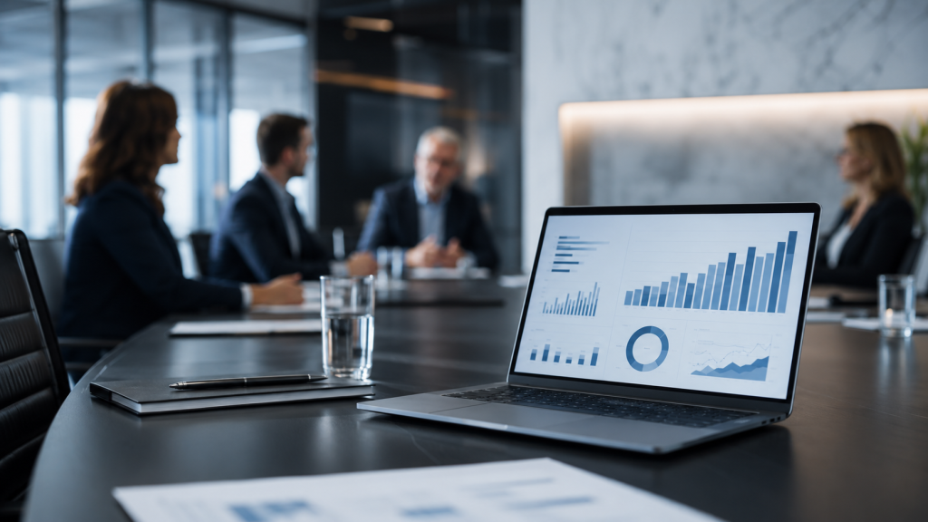 Salle de réunion avec tableau de bord de croissance sur ordinateur portable